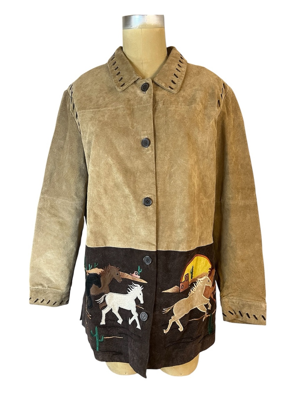 Quacker Factory Tan and Dark Brown Suede Horses Western Embroidered Jacket
